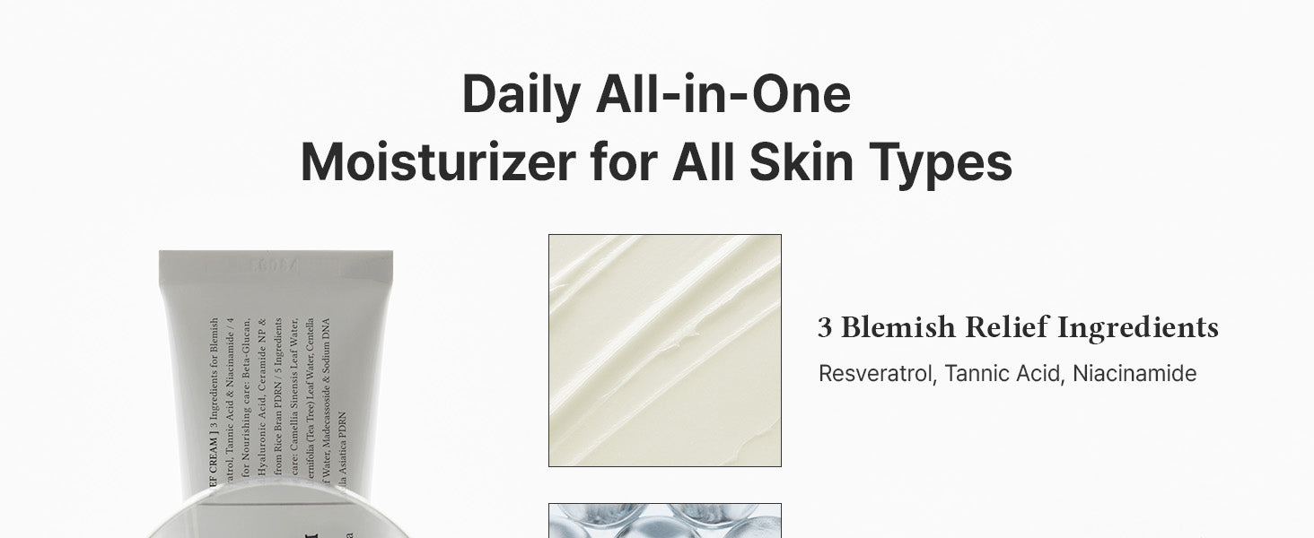 Text reads 'Daily All-In-One Moisturizer for All Skin Types' and '3 Blemish Relief Ingredients'. Skincare moisturizer tube and cream product displayed with ingredient information.